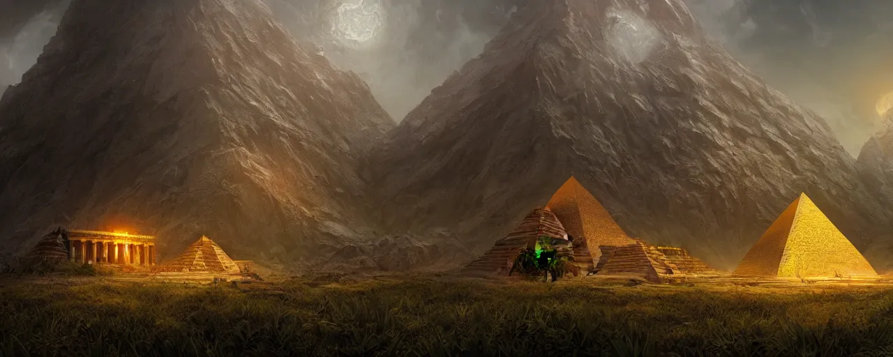 Image similar to an intricate concept art of a hidden pyramid with golden door in the middle of mountains undergrowth, photorealistic movie still, sci - fi, hyper realistic, concept art, art by dylan cole, feng zhu, artgerm, greg rutkowski, cinematic lighting, octane render