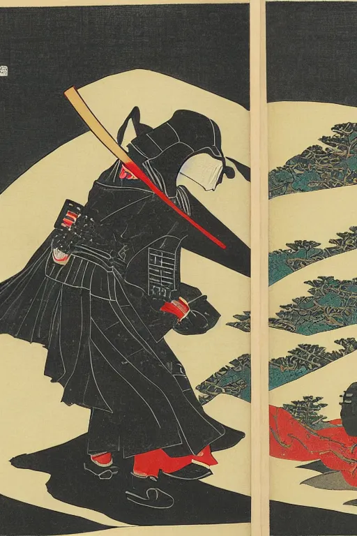 Image similar to Japanese woodblock print of Darth Vader as a samurai holding a samurai sword , Hokusai