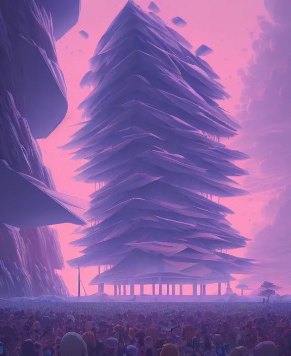 Image similar to minimalist building made from exotic fungus, crowds of people, by dan mumford, yusuke murata, makoto shinkai, ross tran, cosmic, hellish, god rays, cinematic, unreal engine, cel shaded, featured on artstation, pixiv