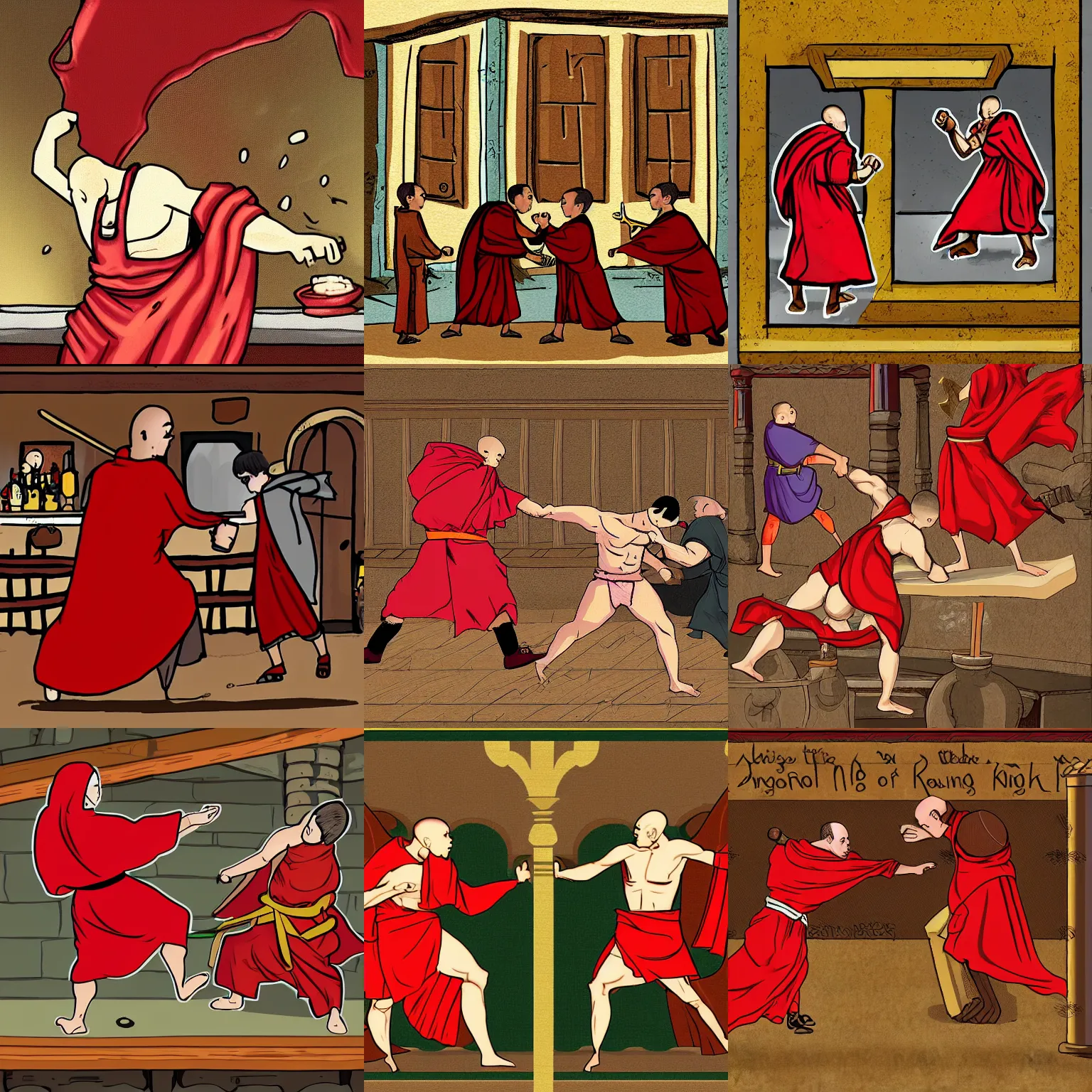 Prompt: A small monk with a red cloak punching a large knight in his stomach in the middle of a bar brawl, digital art