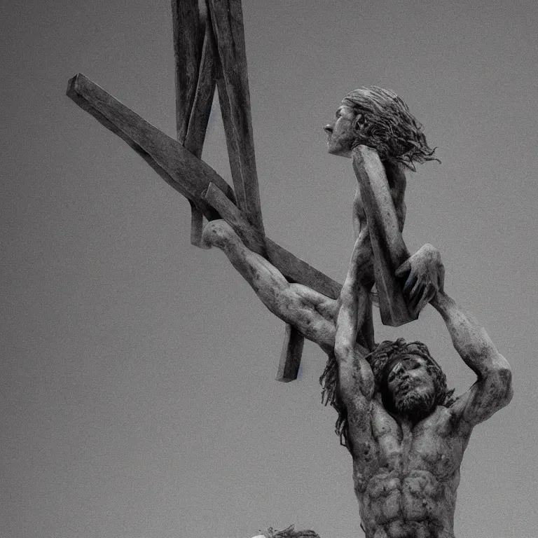 Image similar to jesus christ crucifixion by beksinski, fantasy, scary, award winning halo. octane render, cinematic, hyper realism, octane render, 8k, depth of field, bokeh. iridescent accents.