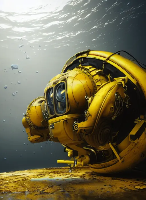 Image similar to a photorealistic dramatic hyperrealistic underwater render of an exosuit deep sea submersible, ultra realistic details, glossy yellow, well worn, rust, oil stains by vitaly bulgarov and mike nash, beautiful dramatic dark moody tones and lighting, cinematic atmosphere, studio lighting, global illumination, shadows, dark background, octane render, 8 k