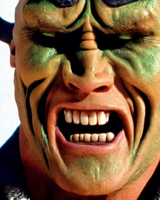 Image similar to film still close - up shot of dwayne johnson as jim carrey from the movie the mask. photographic, photography