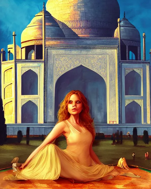 Prompt: tuesday weld visits the taj mahal by charlie bowater, by francine van hove, by alex horley, by tom chambers, by victor prezio