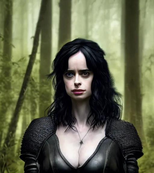 Prompt: 5 5 mm close up portrait photo of krysten ritter as yennefer of vengerberg in black leather armor and long black thick hair who has purple eyes, in a forest. magical atmosphere. art by greg rutkowski. lifelike. very detailed 8 k. intricate. soft light. nikon d 8 5 0.