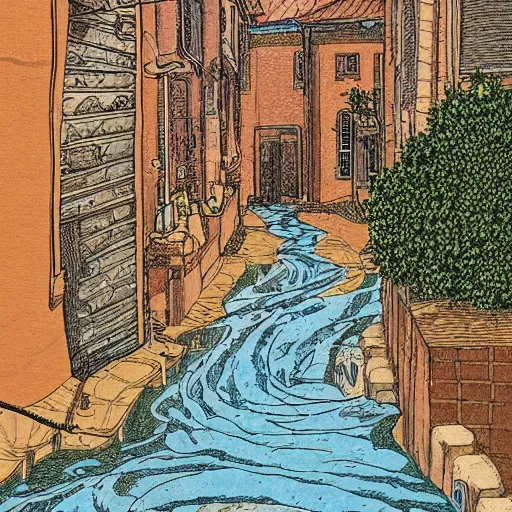 Image similar to water flowing through the streets in old city, sideview, drawing by moebius