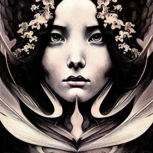 Prompt: A portrait of A beautiful!! angel in black flame by Ross Tran!!! and alphonse mucha and greg rutkowski! and gustav doré! and Zdzisław Beksiński!,In style of digital art illustration.Symmetry.Highly detailed face.Fantasy,smooth,hyper detailed,sharp focus,Soft light.trending on artstation.