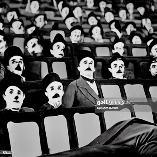 Image similar to silent film still of charlie chaplin's the tramp sitting in the audience of a movie theater, watching a superhero movie projected on the screen