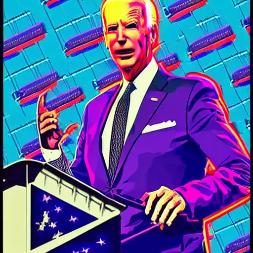 Image similar to A cyberpunk cybernetically-enhanced android Joe Biden giving a speech to a city, pop art, synthwave, painting