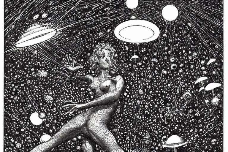 Image similar to how magic mushrooms can take us to the farthest reaches of inner space, painting by virgil finlay and kelly freas