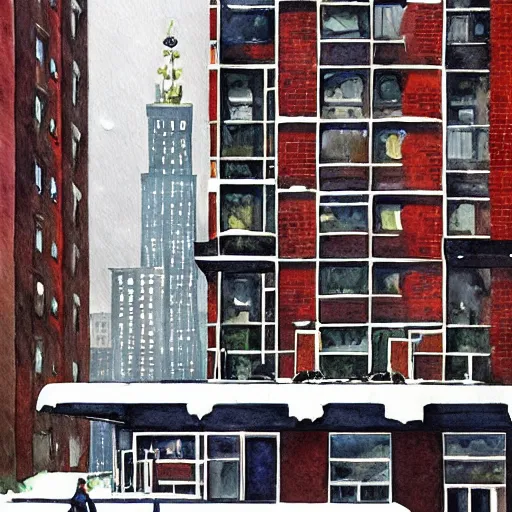 Prompt: modern loft overlooking central park in a blizzard, in watercolor gouache detailed paintings with white oil lines, moebius, art nouveau