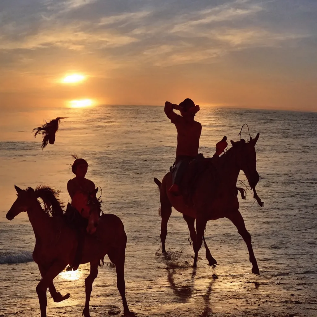 Image similar to Emin Gün Sirer riding a red horse in a white beach, sun sets, dramatic lighting, heroic exposure