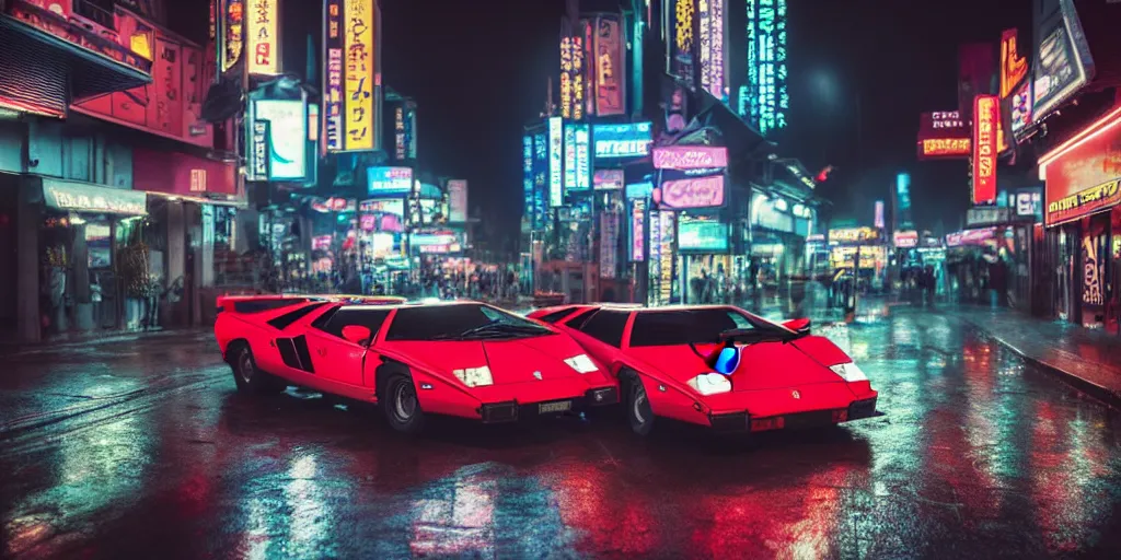 Image similar to photograph of two different coloured lamborghini countach parked in a rainy neo tokyo street at night with neon light signs illuminating the scene, sharp focus, highly detailed, ray tracing, cinematic, moody, hdr, 4 k, incredible detail, epic, misty, slight bokeh