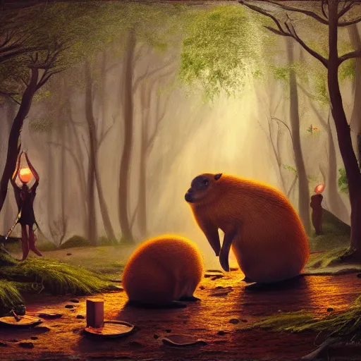 Prompt: capybaras performing a magic ritual in a mystical forest, oil painting, cinematic scene, trending on Artstation, award-winning, visually stunning, studio lighting