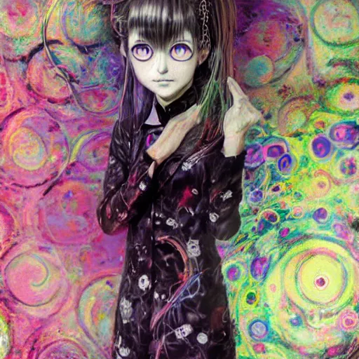 Prompt: yoshitaka amano realistic photo of a sinister anime girl with big eyes and long white hair wearing dress suit with tie and surrounded by abstract junji ito style patterns in the background, blurred and dreamy photo, noisy film grain effect, highly detailed, oil painting with expressive brush strokes, weird portrait angle