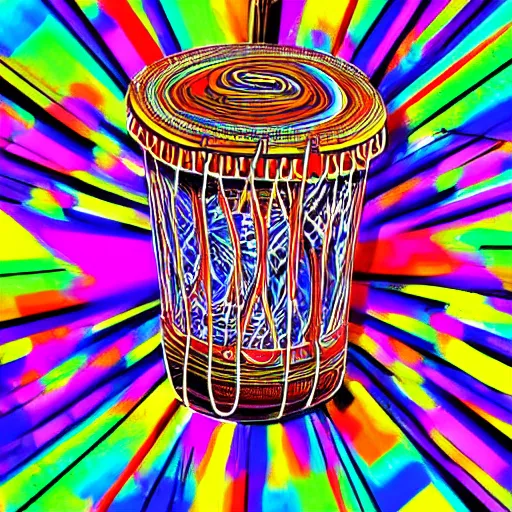 Image similar to musical notes emanating from a bongo drum, digital art, highly detailed, high quality, bright colors,