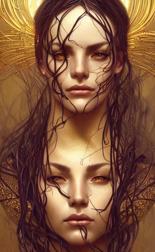 Image similar to portrait of a dark goddess, gold wires, visible veins and nerves, intricate, headshot, highly detailed, digital painting, artstation, concept art, sharp focus, cinematic lighting, illustration, art by artgerm and greg rutkowski, alphonse mucha, cgsociety