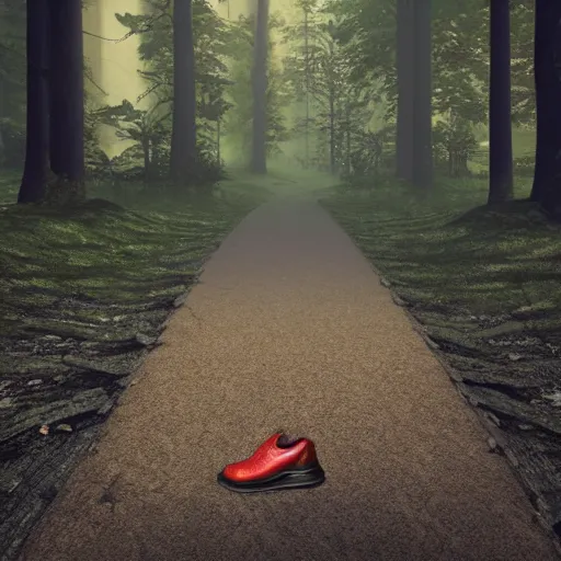 Image similar to a shoe on a path in the middle of a forest, dark, unreal engine