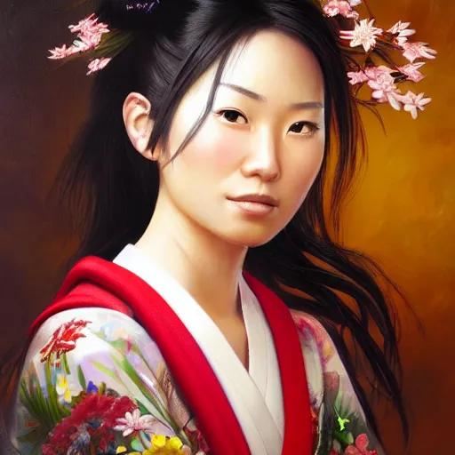 Image similar to portrait of a young okinawan woman ( 3 5 ) from okinawa, japan in 2 0 2 1, an oil painting by ross tran and thomas kincade