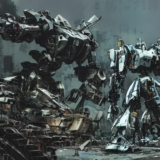 Prompt: destroyed mecha junkyard, matte painting, by yoji shinkawa