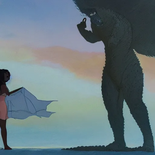Image similar to Dark skinned girl and Godzilla, Studio Ghibli concept art