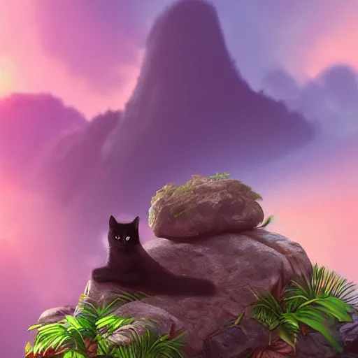 Image similar to a cat seated on a rock in a jungle!, mist, tropical trees, vines, birds, sunset!, fluffy clouds, warm colors, beautiful lighting, digital art, intricate details, trending on artstation