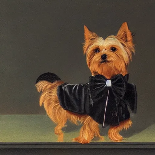 Image similar to a Yorkshire terrier wearing a black bow tie on a yacht, extremely detailed masterpiece, illustration, by Michael Sowa,