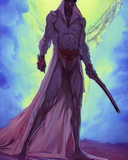 Prompt: a oil / watercolor painting full body character portrait of a heavenly killer in the style of moebius in the style of leonard boyarsky trending on artstation deviantart pinterest detailed realistic hd 8 k high resolution