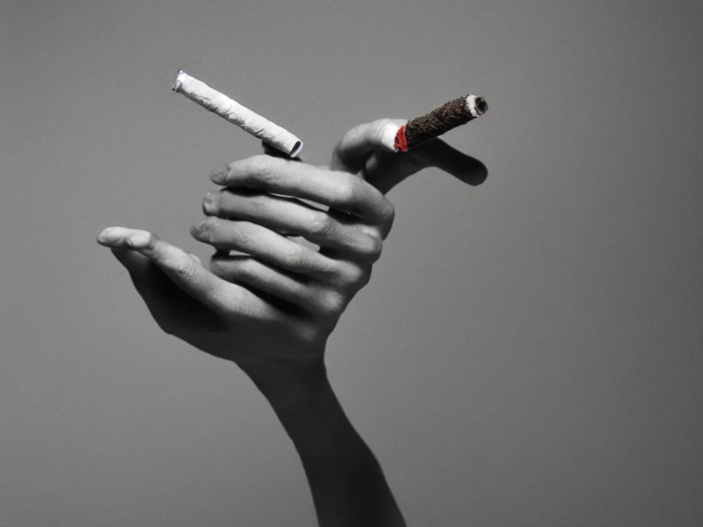 Prompt: Close-up view of hyperrealistic thin soft hand holding cigarette with smoke, photo by Irving Penn, 4K