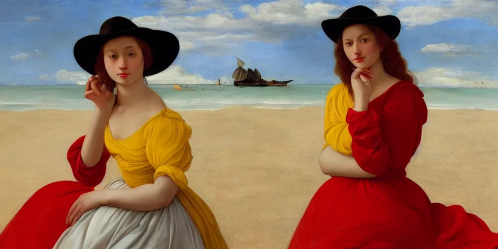 Prompt: beautiful oil matte portrait painting, young woman with a red dress and a mustard yellow summer hat enjoying the beach, wonderful masterpiece highly detailed, beautiful cinematic light deep focus, elegant, digital painting, smooth, sharp focus, golden ratio, dramatic illumination, ultra realistic, 8 k, art by artemisia lomi gentileschi and caravaggio