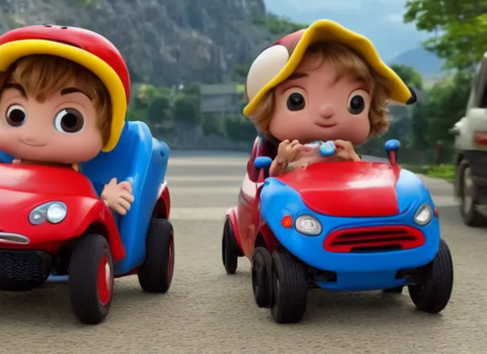 Prompt: peter dinklage and scarlett johannson driving a little tikes cozy coupe, movie still, from the new black widow movie, 8 k, realistic