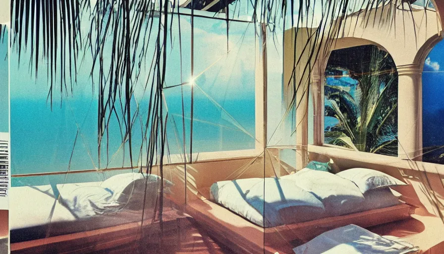 Prompt: A 1985 vintage magazine architecture photo of a bedroom, mediterranean architecture, refracted lines and sparkles, thunderstorm outside, beach and tropical vegetation on the background major arcana sky and occult symbols, hyperrealistic 8k uhd, award-winning, 1985