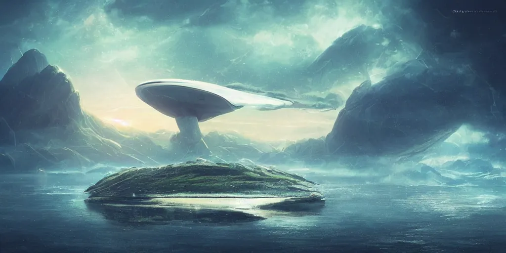 Prompt: space ship above an island, epic landscape, scifi, foggy, concept art, hurricane, mountains, port, cinematic lighting, beautiful, perfect, extreme detail, tesla coils on the beach, high quality, art by alena aenami and thomas cole and thomas kinkade