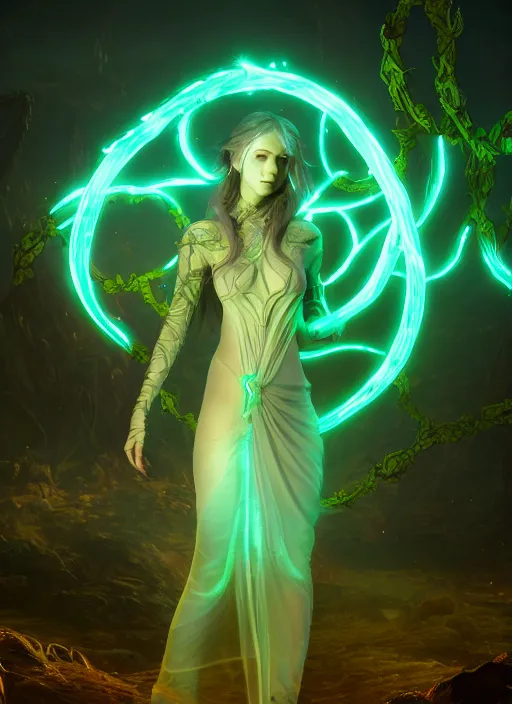 Image similar to high fantasy and sci - fi elvish rogue wearing a bioluminescent vine dress, surrounded by elvish glowing runes cinematic shot in the style of final fantasy, cinematic lighting, hyperdetailed, 8 k realistic, global illumination, mysterious light, dof, trending on artstation, digital art