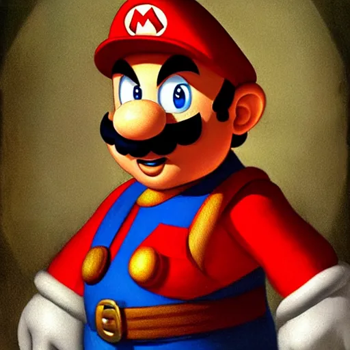 Image similar to a beautiful painted portrait of super mario renaissance painting by da vinci featured on artstation