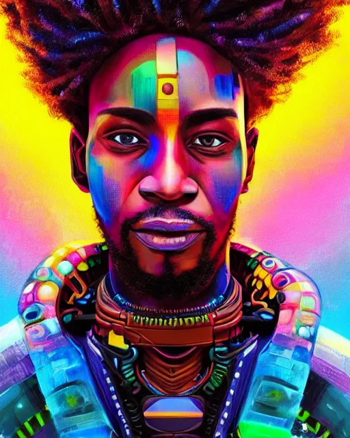 Image similar to colorful portrait of a black male hippie with cybernetics and a natural hair style, but set in the future 2 1 5 0 | highly detailed | very intricate | symmetrical | professional model | cinematic lighting | award - winning | painted by mandy jurgens | pan futurism, dystopian, bold psychedelic colors, cyberpunk, anime aesthestic | featured on artstation