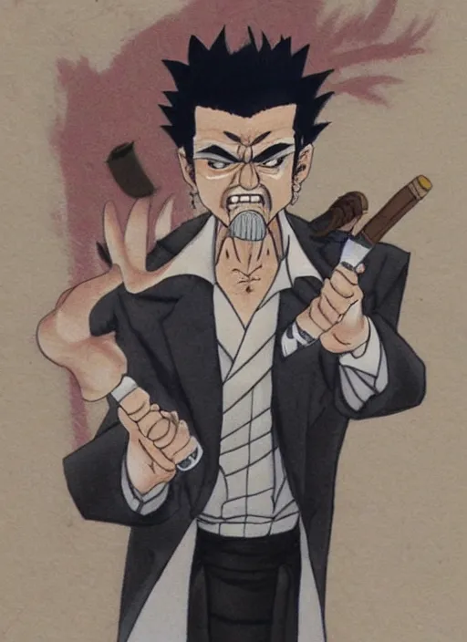 Image similar to heihachi mishima dressed formally, smoking a cigar, drawn in the style of keisuke itagaki