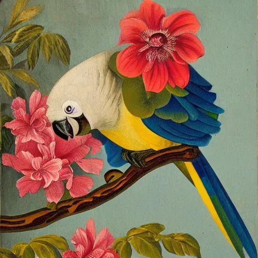 Prompt: A cubist rococo painting of a parrot with a polka-dotted beak sits on a branch, surrounded by flowers with equally colorful patterns.
