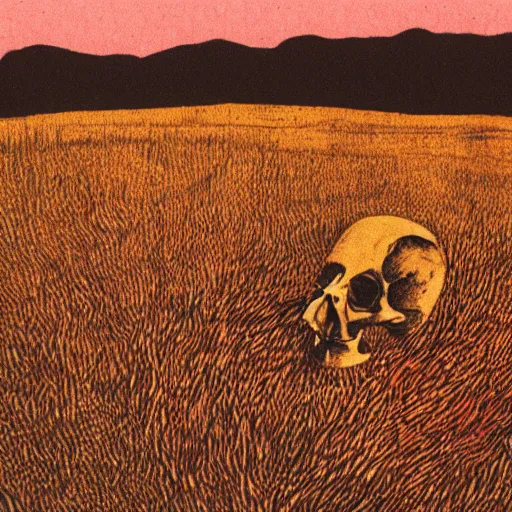 Image similar to risograph of a skeleton in a field