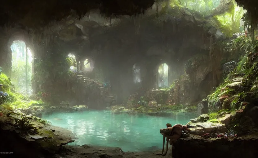 Image similar to painting of an interior of a hidden hotspring in a small cave, fantasy, lush plants and flowers, natural light, concept art, by greg rutkowski and craig mullins, cozy atmospheric and cinematic lighting, trending on artstation