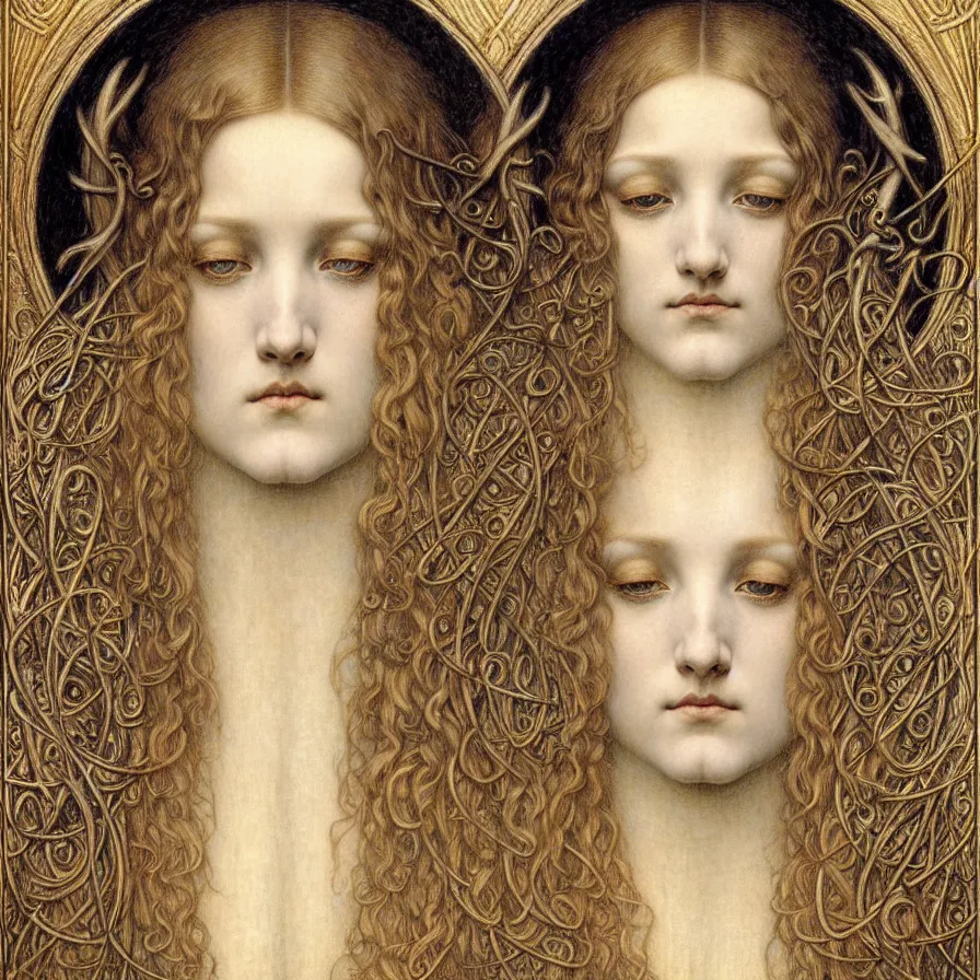 Image similar to detailed realistic beautiful young medieval queen face portrait by jean delville, gustave dore and marco mazzoni, art nouveau, symbolist, visionary, gothic, pre - raphaelite. horizontal symmetry