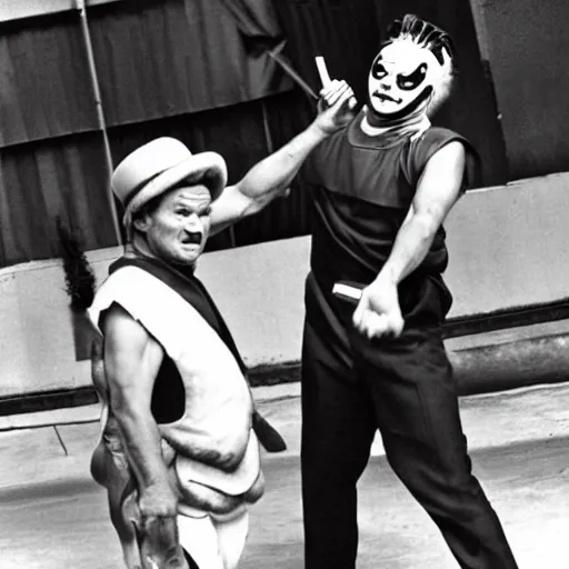 Prompt: Jack Burton throwing a knife at a tall Chinese clown, Lo Pan, cinematic still, amazing photo