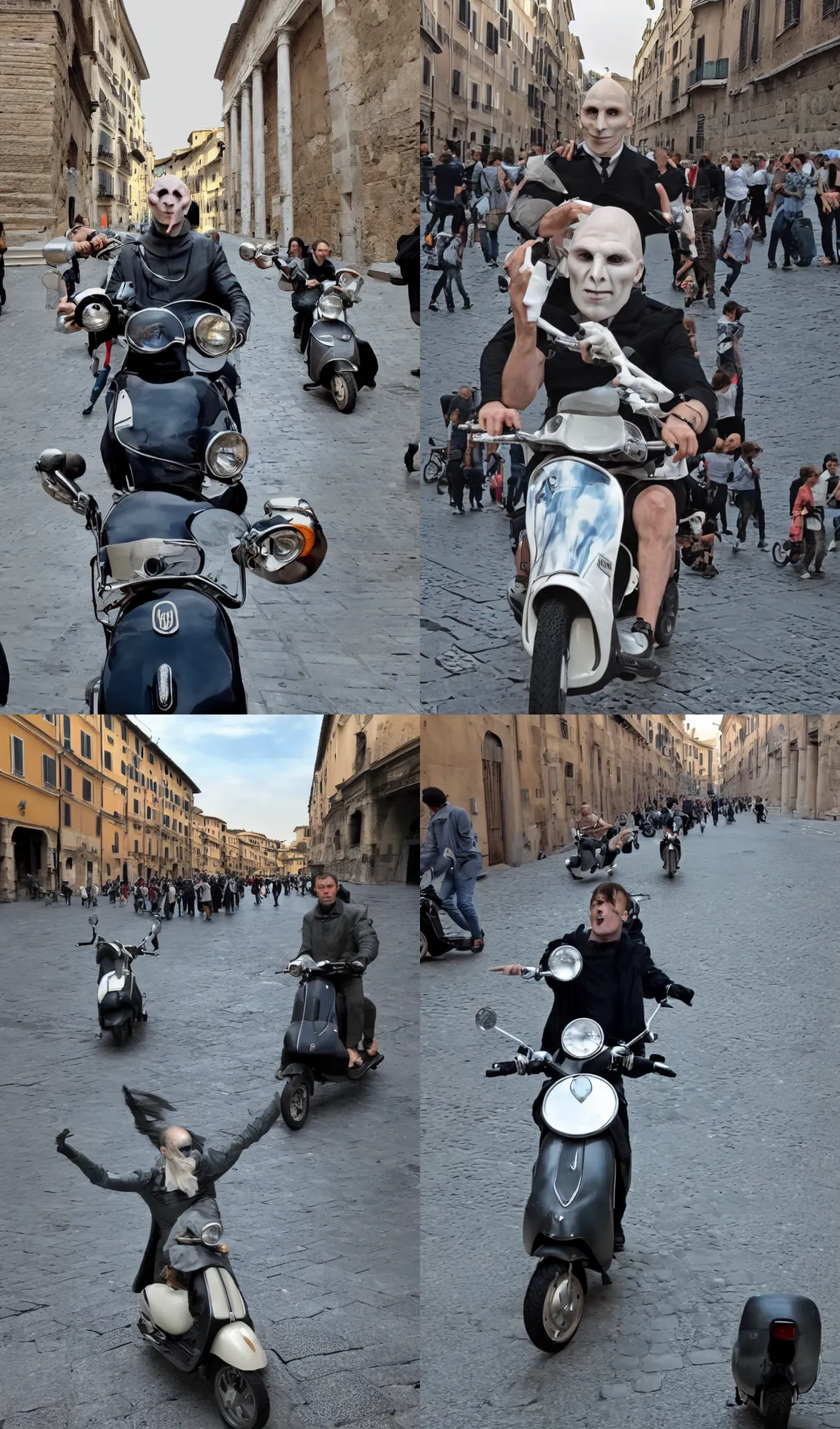 Prompt: Voldemort riding a vespa in Rome, wide angle,