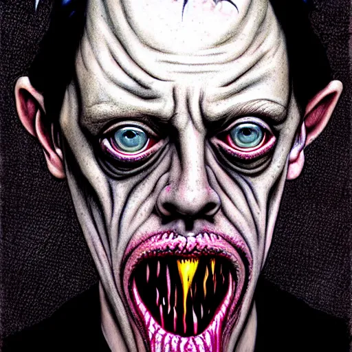 Prompt: disturbing grunge still of a lovecraftian demon infested steve buscemi, crayon horror art in dark and muted colors, by arthur adams, by tom bagshaw, by mike allred, by kikuchi hideyuki