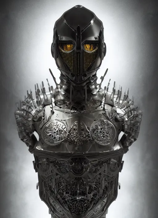 Image similar to portrait of king arthur knight cyborg, studio portrait against a black background, modern fine art, fractal, intricate, elegant, highly detailed, digital photography, subsurface scattering, in the style of ghost, by jheronimus bosch and yue minjun and giger and greg rutkowski,