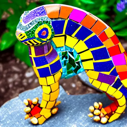 Image similar to mosaic sculpture of a alebrije chimera!!!, irregularly shaped mosaic tiles, hand glazed pottery shards, in the style of folk art, in a cottagecore flower garden