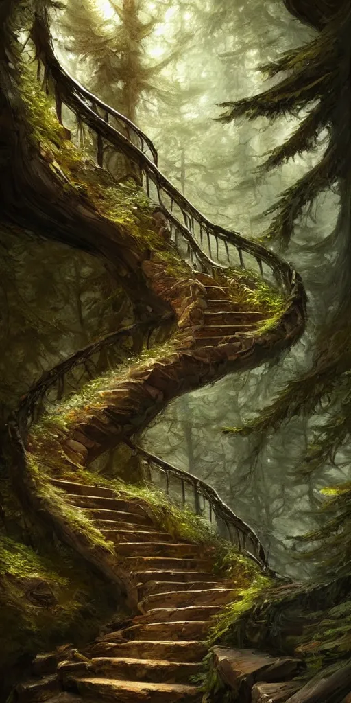 Prompt: a man walking up a steep and winding staircase, in beautiful woods, intricate, elegant, highly detailed, oil painting, artstation, concept art, sharp focus, beautiful illustration, society, by justin gerard and artgerm, 4 k