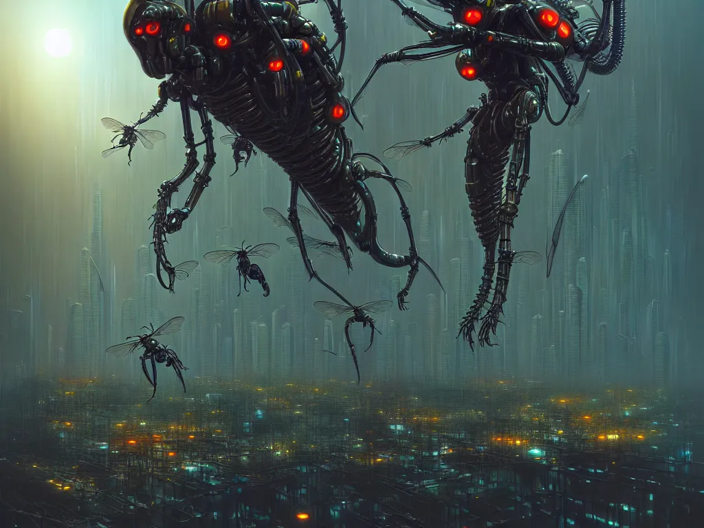 Prompt: cybernetic wasp colony, dripping with nectar, kowloon cyberpunk, by artgerm and kincaid and rutkowski and beksinski and giger, trending on artstation, octane render