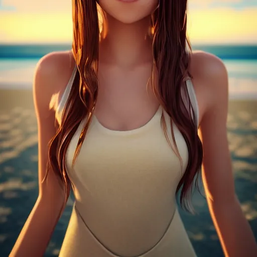 Image similar to Render of a very beautiful 3d anime girl, long hair, hazel eyes, cute freckles, full round face, short smile, cute sundress, golden hour, serene beach setting, medium shot, mid-shot, highly detailed, trending on Artstation, Unreal Engine 4k