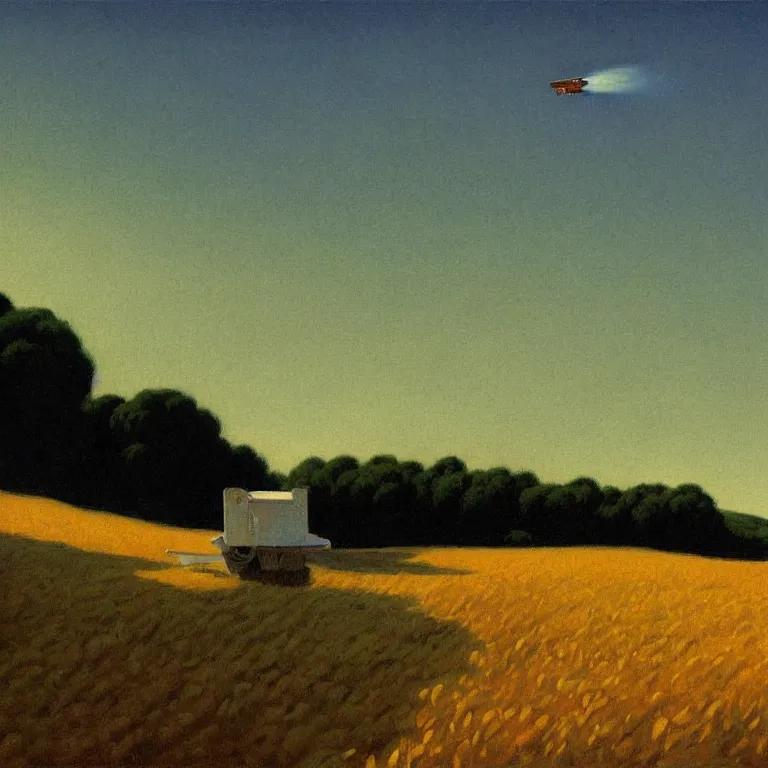 Image similar to a storybook illustration of a spaceship in cornfield, quiet foggy scene painted by Edward Hopper and Robert McGinnis masterpiece, intricate, elegant, fantasy, highly detailed, digital painting, concept art, sharp focus, artstation